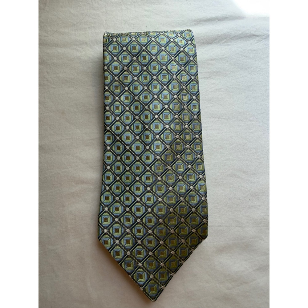 XMI Nordstrom Mens Silk Tie Green Blue Geometric Diamond Hand Sewn Made in USA
